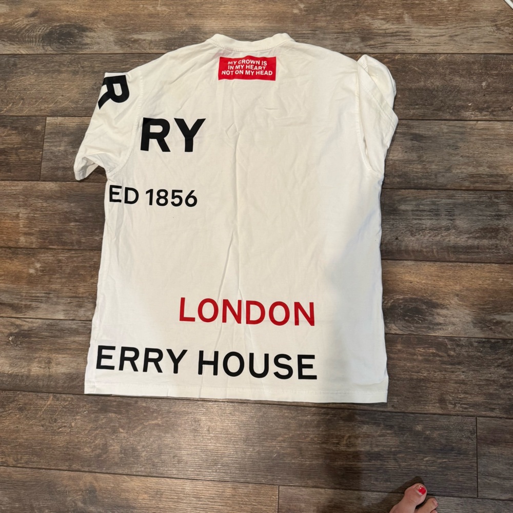 Burberry White Graphic Tee with Red and Black Accents